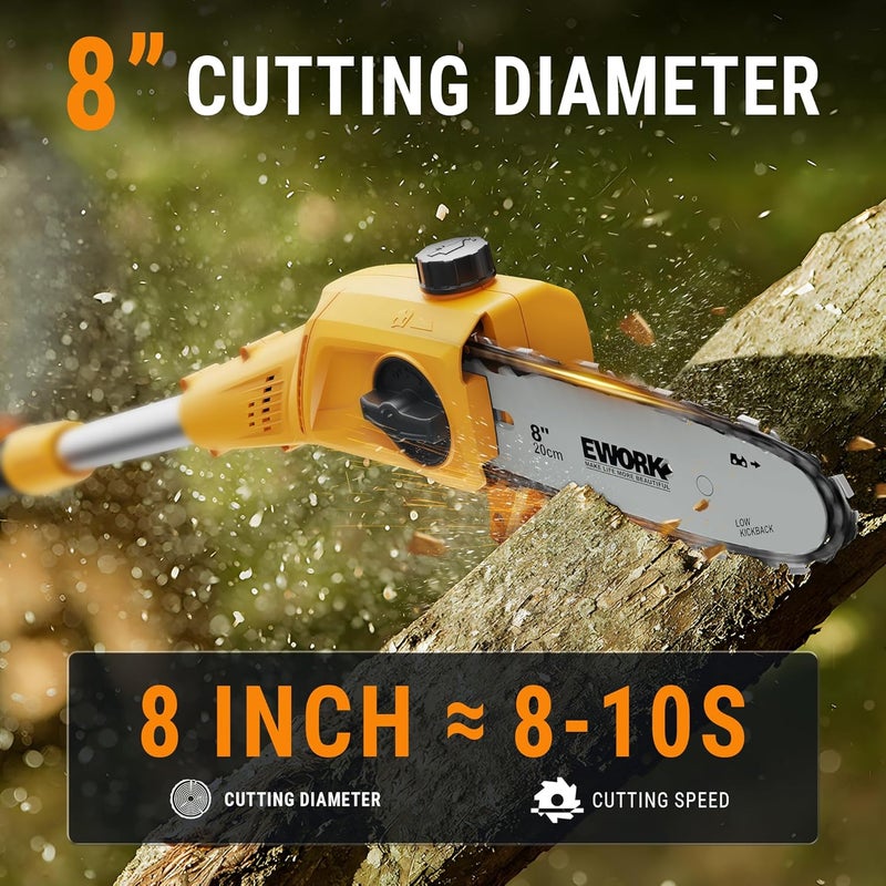 EWORK 20V 8-Inch Cordless Pole Saws for Tree Trimming, Extension Up to 14.2-Ft, Lightweight Only 6.5 Lbs, Auto Oiling Electric Pole Saw Battery Powered with Battery and Charger - EK-TT2008Y - Image 3